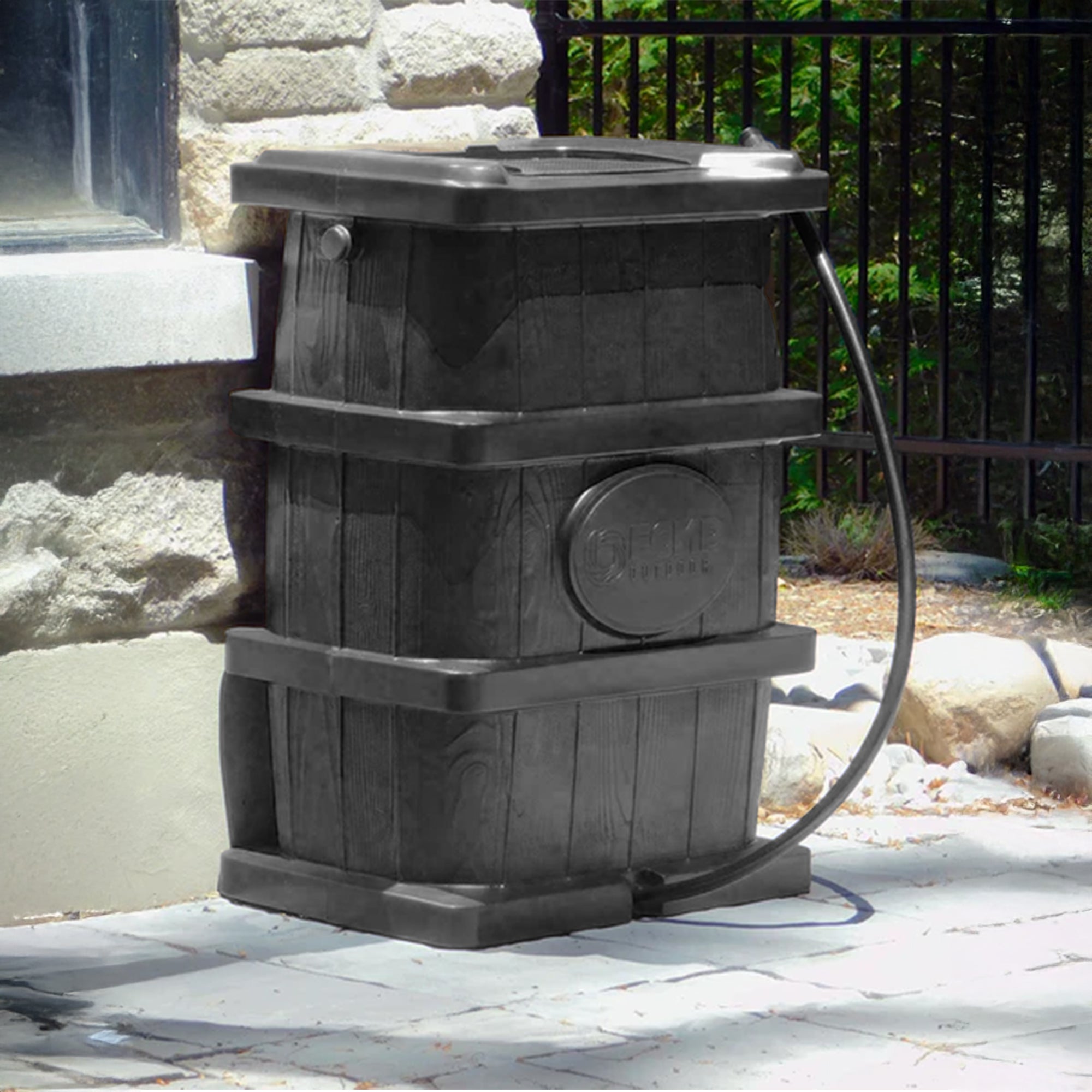 FCMP Outdoor Wood Grain Rain Water Catcher Barrel with Flat Back Design, Black - VMInnovations
