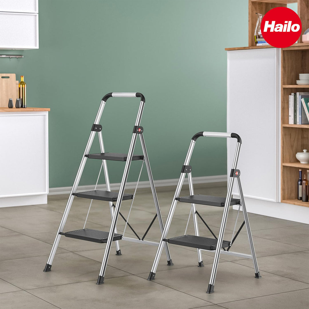 Hailo Folding 2 Step Non-Slip Stool for Home and Kitchen, Silver/Black(Open Box)