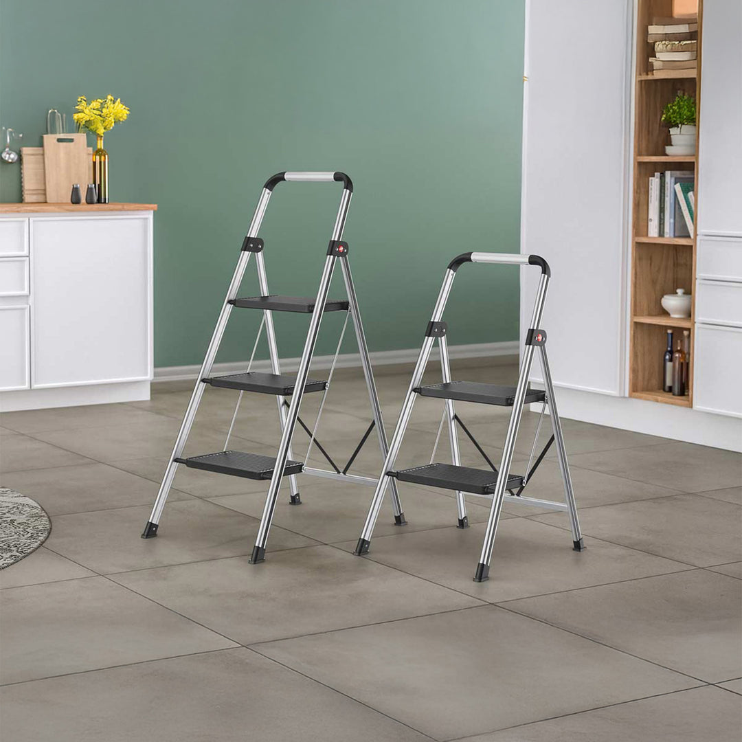 Hailo Folding 2 Step Non-Slip Stool for Home and Kitchen, Silver/Black(Open Box)