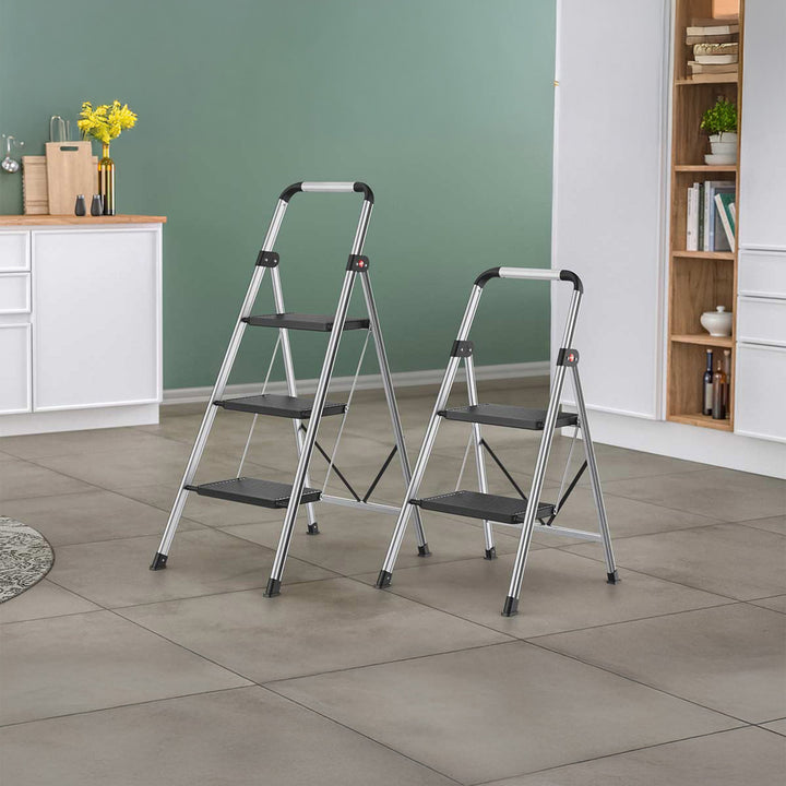 Hailo Folding 2 Step Non-Slip Stool for Home and Kitchen, Silver/Black(Open Box)