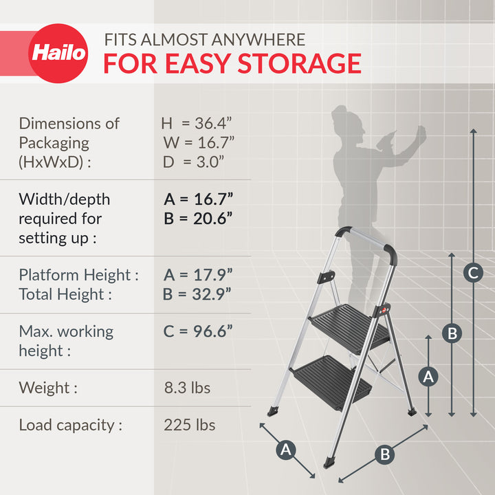 Hailo Folding 2 Step Non-Slip Stool for Home and Kitchen, Silver/Black(Open Box)