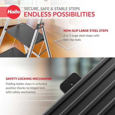 Hailo Folding 2 Step Non-Slip Stool for Home and Kitchen, Silver/Black(Open Box)