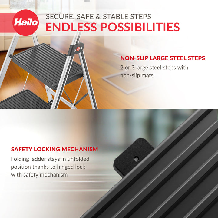 Hailo Folding 2 Step Non-Slip Stool for Home and Kitchen, Silver/Black(Open Box)