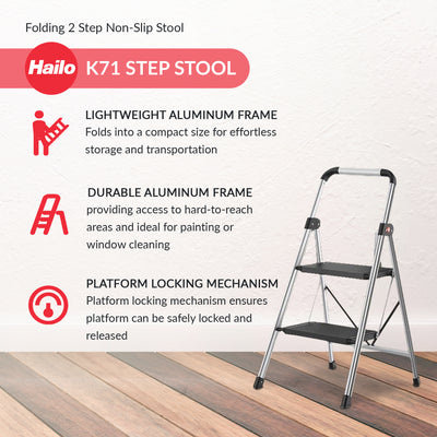 Hailo Folding 2 Step Non-Slip Stool for Home and Kitchen, K71, Silver/Black - VMInnovations