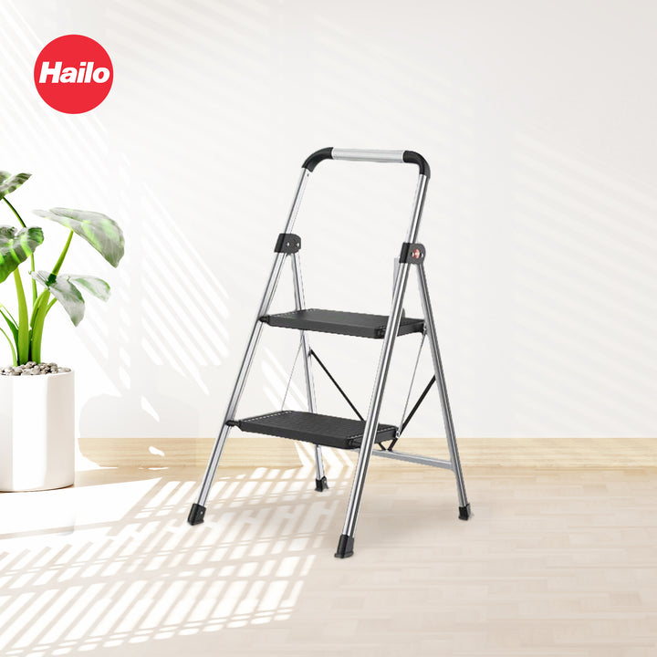 Hailo Folding 2 Step Non-Slip Stool for Home and Kitchen, Silver/Black(Open Box)