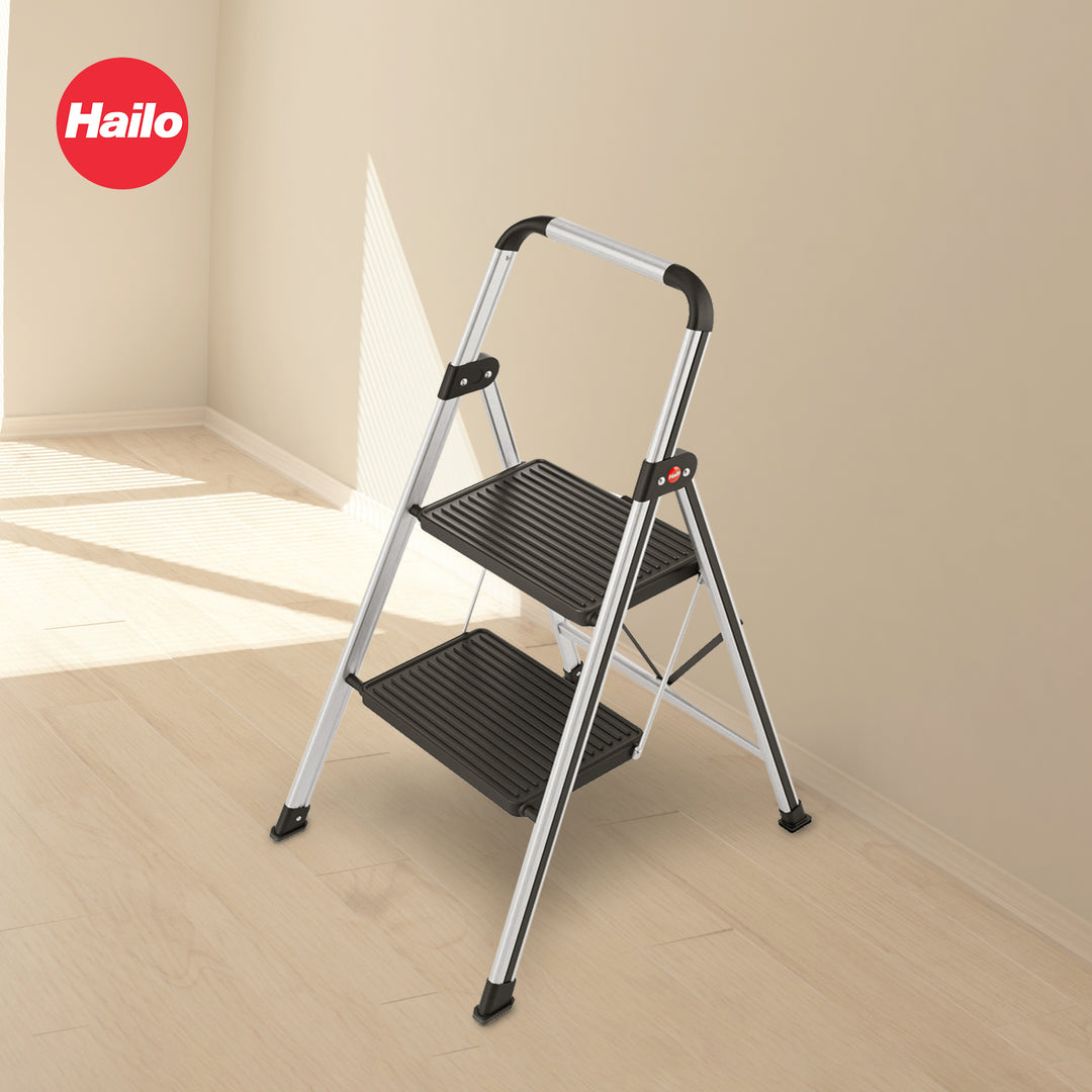 Hailo Folding 2 Step Non-Slip Stool for Home and Kitchen, Silver/Black(Open Box)