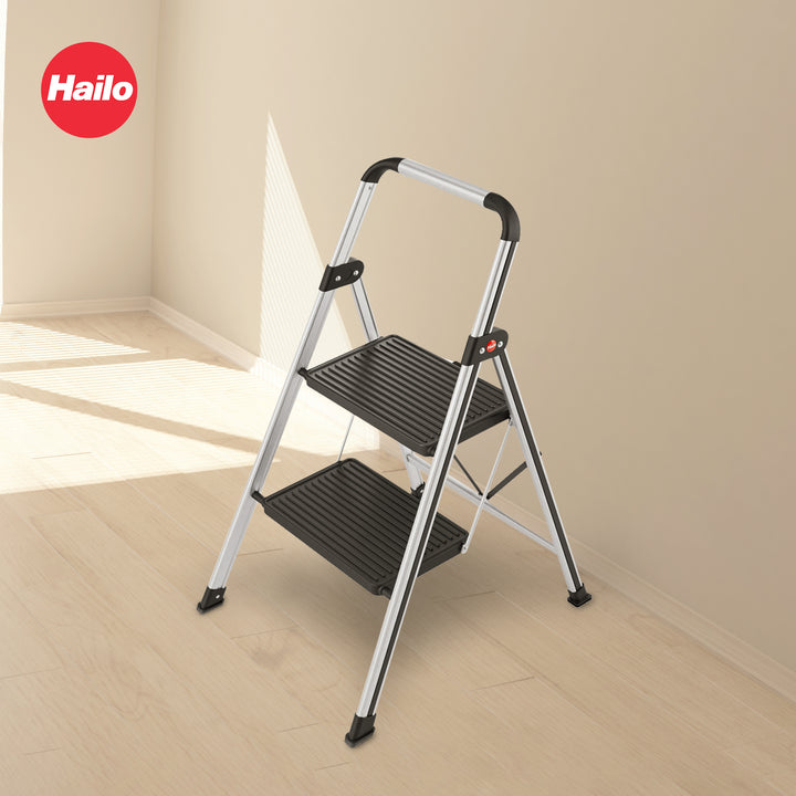 Hailo Folding 2 Step Non-Slip Stool for Home and Kitchen, Silver/Black(Open Box)