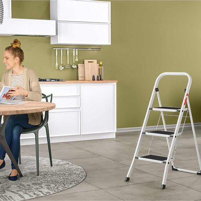 Hailo 3-Step Folding Ladder w/Sturdy Steel Frame, 330 lb Capacity, (Open Box) - VMInnovations