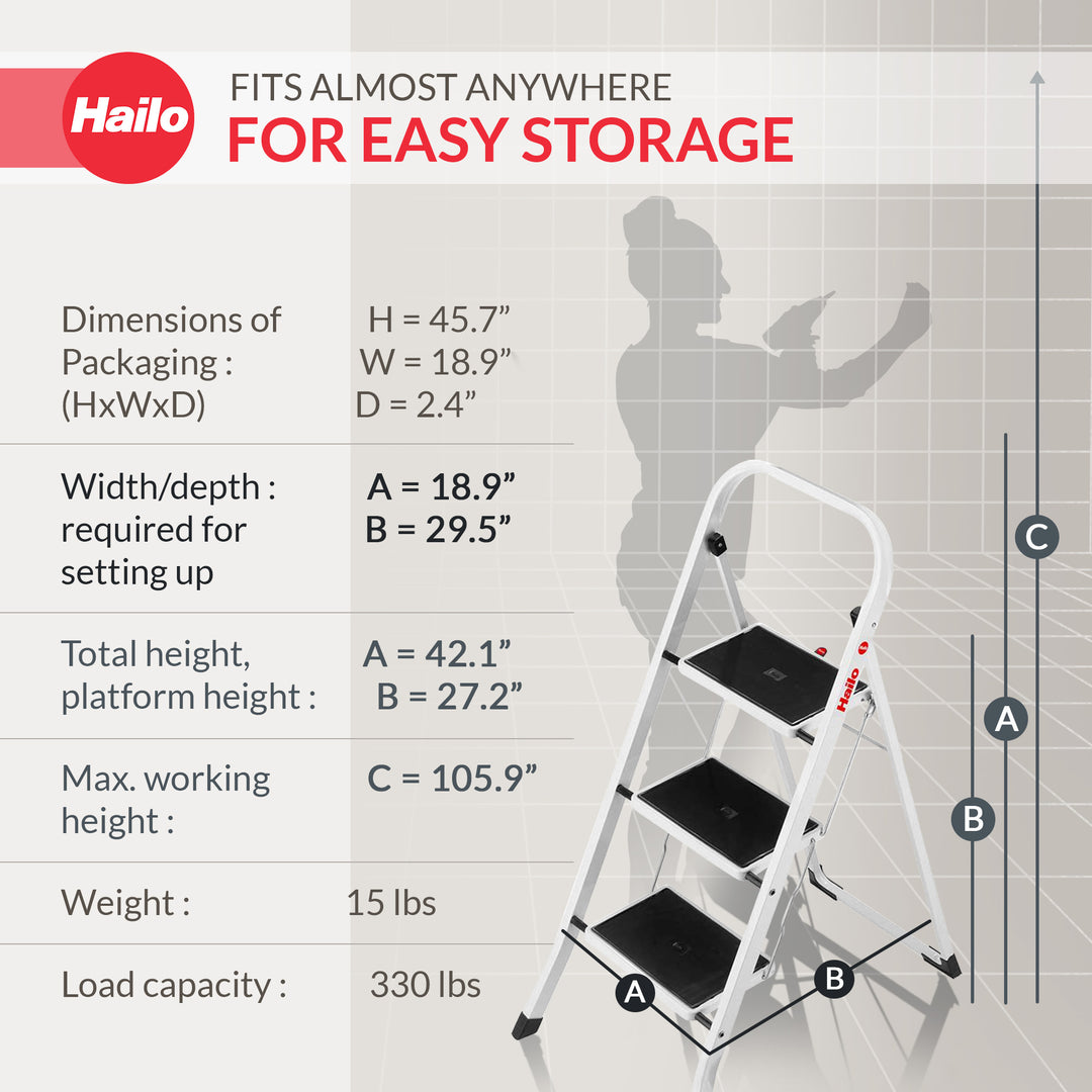 Hailo 3-Step Folding Ladder w/Sturdy Steel Frame, 330 lb Capacity, (Open Box)