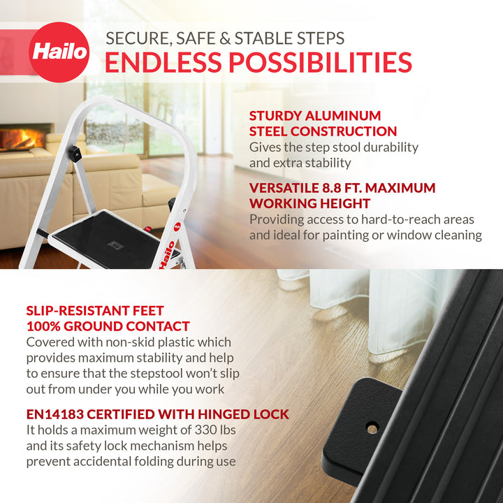 Hailo K20 3-Step Folding Ladder with Sturdy Steel Frame, 330 lb Capacity, Silver