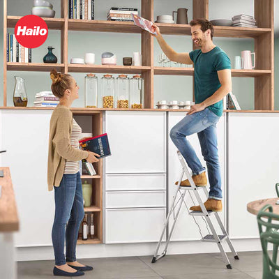 Hailo 3-Step Folding Ladder w/Sturdy Steel Frame, 330 lb Capacity, (Open Box) - VMInnovations