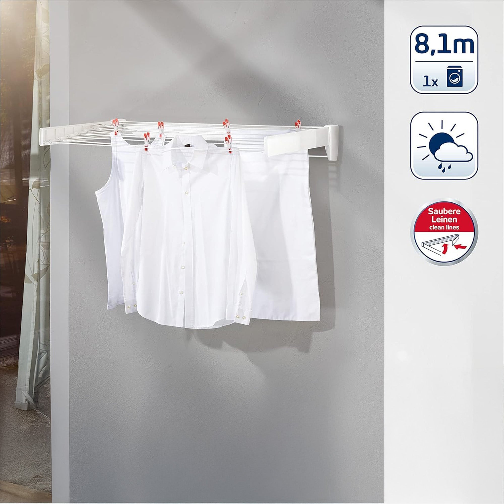 Leifheit Telefix 100 Wall-Mounted Retractable Drying Rack with 8 Rods (Open Box) - VMInnovations