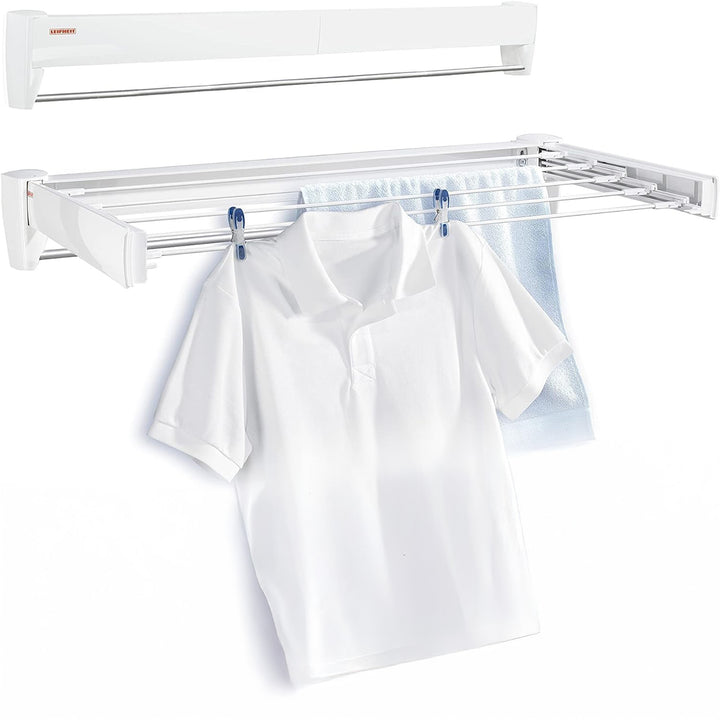 Leifheit Wall Mounted Drying Rack w/5 Rods & Foldable Design, White (Open Box)