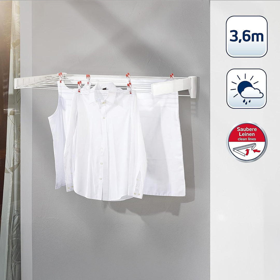 Leifheit Wall Mounted Clothes Drying Rack with 5 Rods and Foldable Design, White