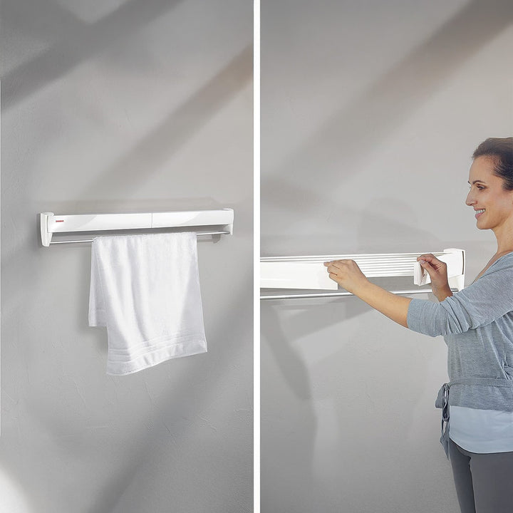 Leifheit Wall Mounted Drying Rack w/5 Rods & Foldable Design, White (Open Box)