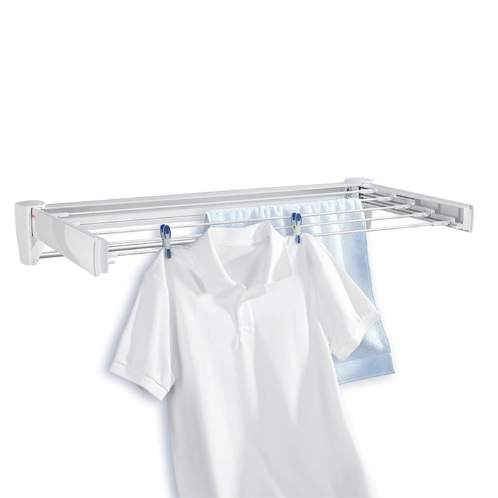 Leifheit Wall Mounted Drying Rack w/5 Rods & Foldable Design, White (Open Box)