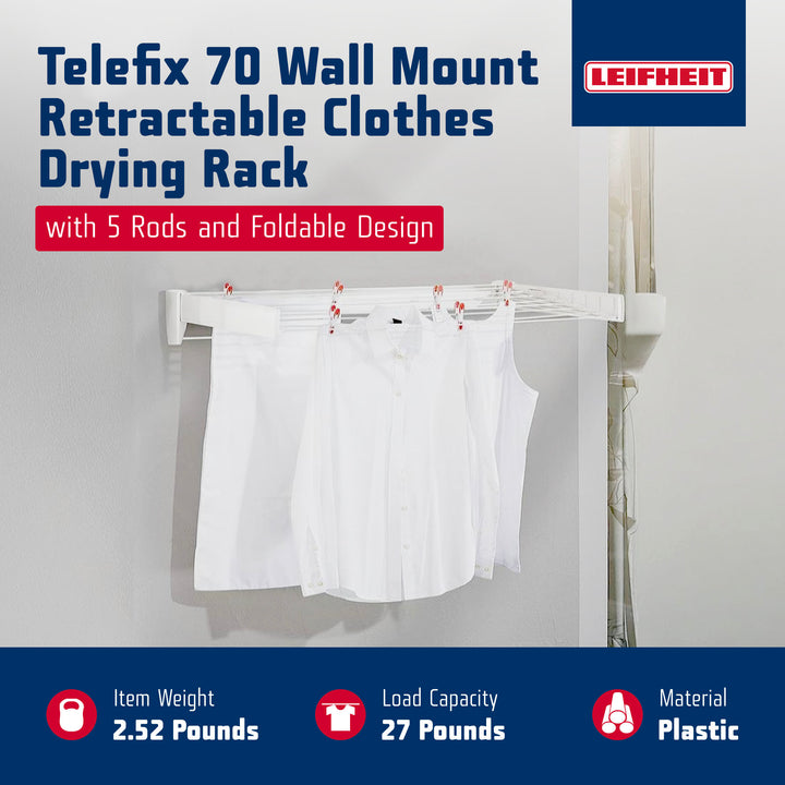 Leifheit Wall Mounted Drying Rack w/5 Rods & Foldable Design, White (Open Box)