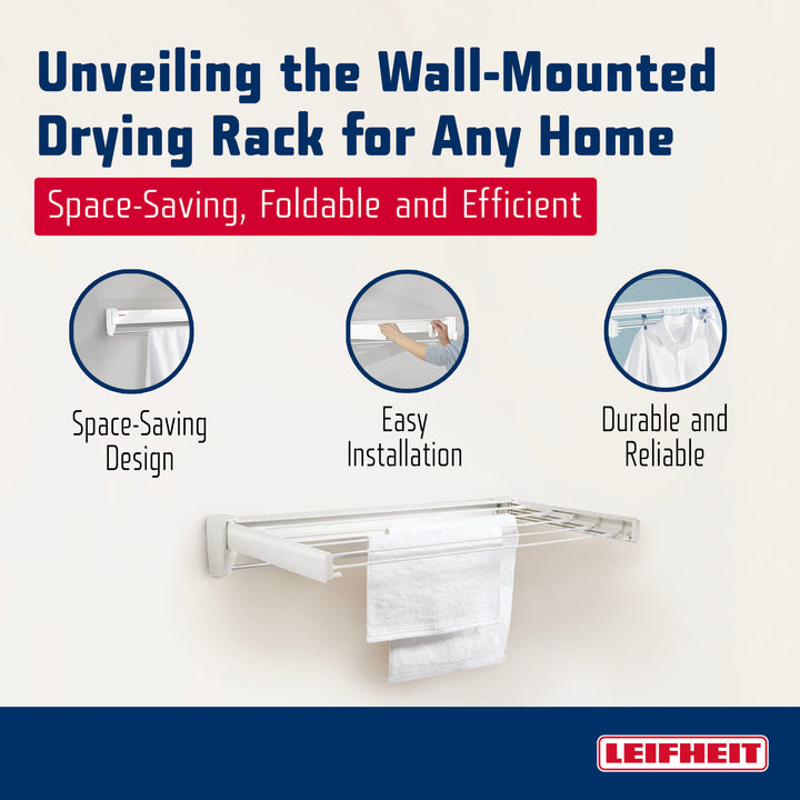 Leifheit Wall Mounted Drying Rack w/5 Rods & Foldable Design, White (Open Box)