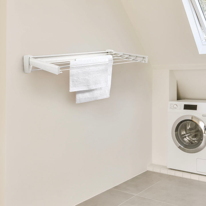 Leifheit Wall Mounted Drying Rack w/5 Rods & Foldable Design, White (Open Box)