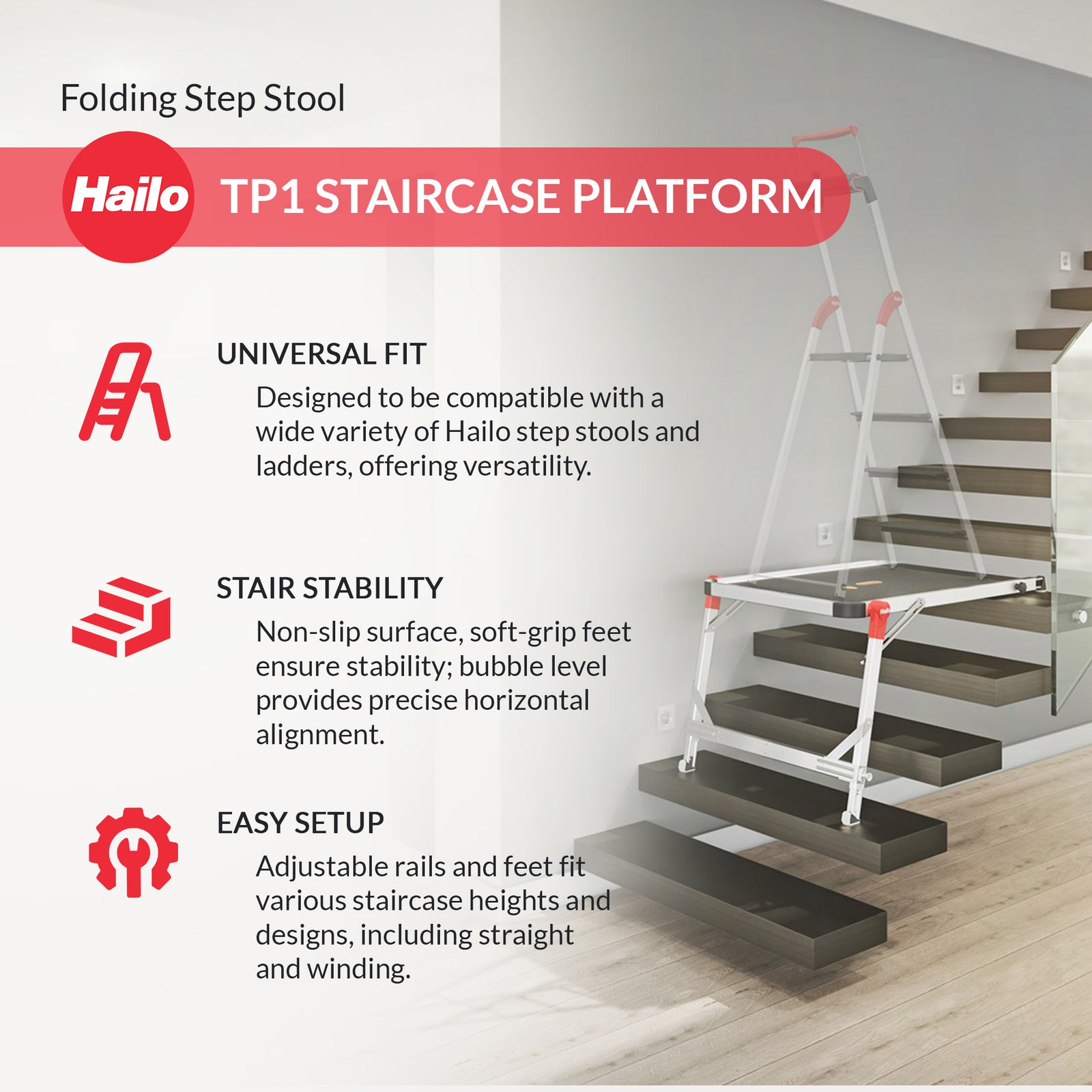 Hailo TP1 Staircase Platform for Step Stools & Ladders, 330 lbs Capacity, Black - VMInnovations
