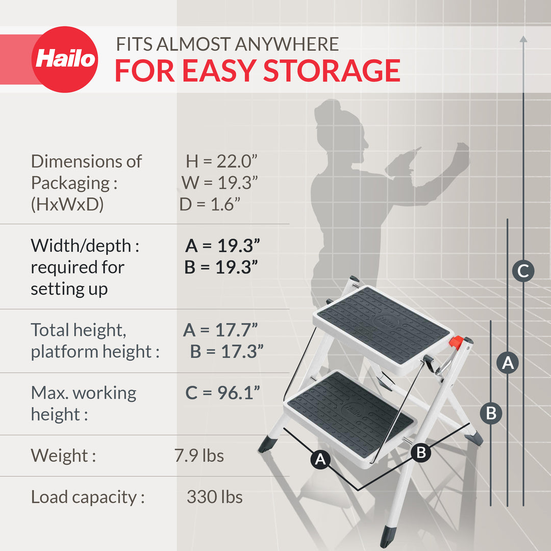 Hailo MK60 Mini Steel Step Stool with Anti-Slip Stairs & 330 lbs Capacity, White