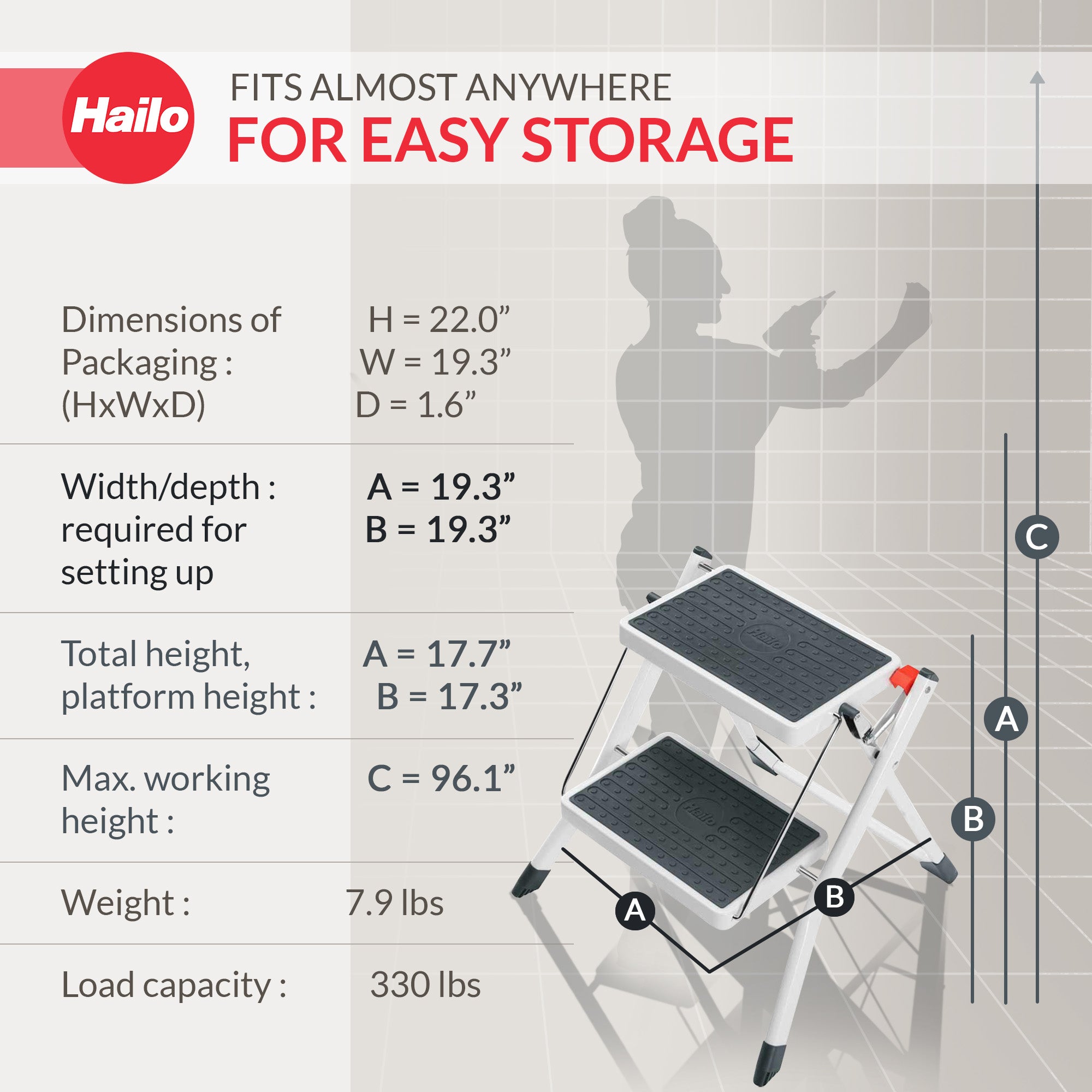 Hailo MK60 Mini Steel Step Stool with Anti-Slip Stairs & 330 lbs Capacity, White - VMInnovations