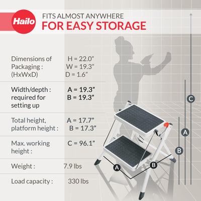 Hailo MK60 Mini Steel Step Stool with Anti-Slip Stairs & 330 lbs Capacity, White - VMInnovations