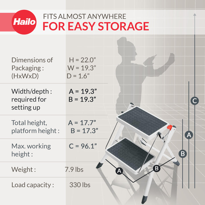 Hailo MK60 Mini Steel Step Stool with Anti-Slip Stairs & 330 lbs Capacity, White