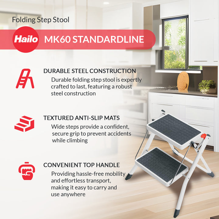 Hailo Steel Step Stool w/Anti-Slip Stairs & 330 lbs Capacity, White (Open Box)
