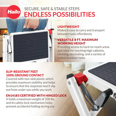 Hailo Steel Step Stool w/Anti-Slip Stairs & 330 lbs Capacity, White (Open Box)