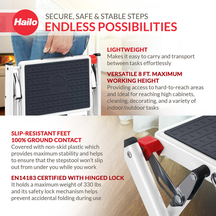 Hailo Steel Step Stool w/Anti-Slip Stairs & 330 lbs Capacity, White (Open Box)