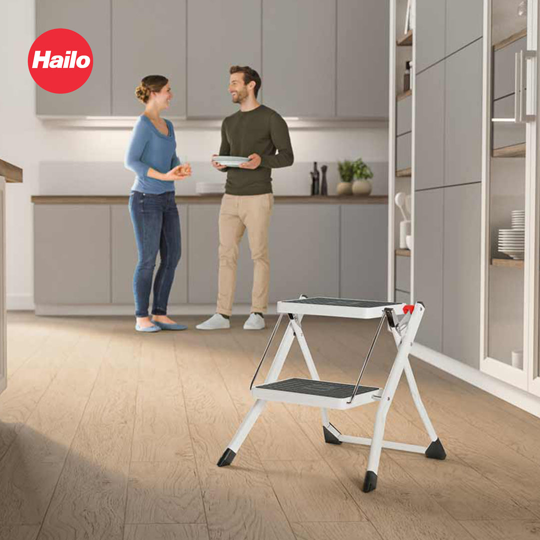 Hailo MK60 Mini Steel Step Stool with Anti-Slip Stairs & 330 lbs Capacity, White