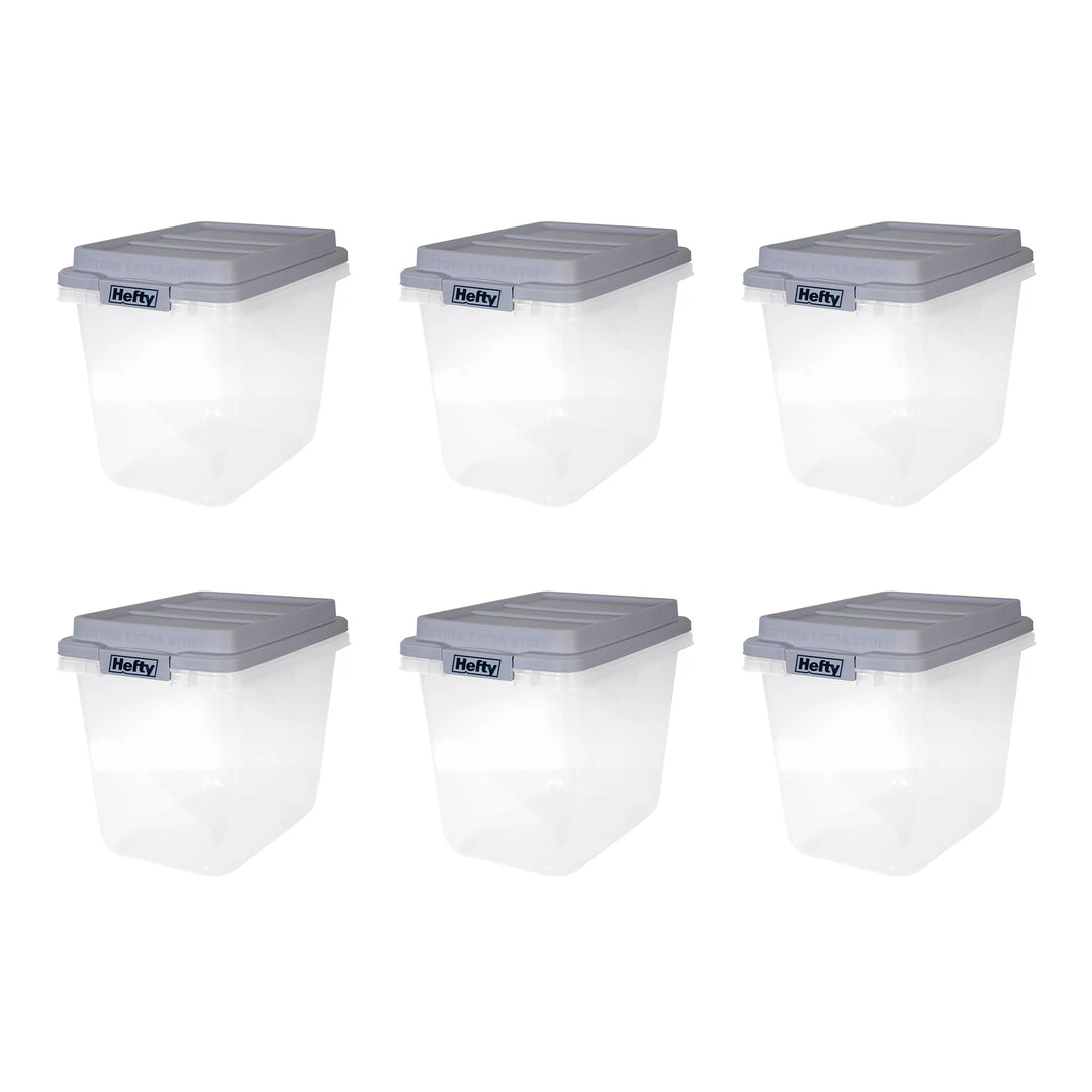 Hefty 6 Pack 32 Quart Hi-Rise Stackable Plastic Storage Bin w/ Lid, Quarry Gray