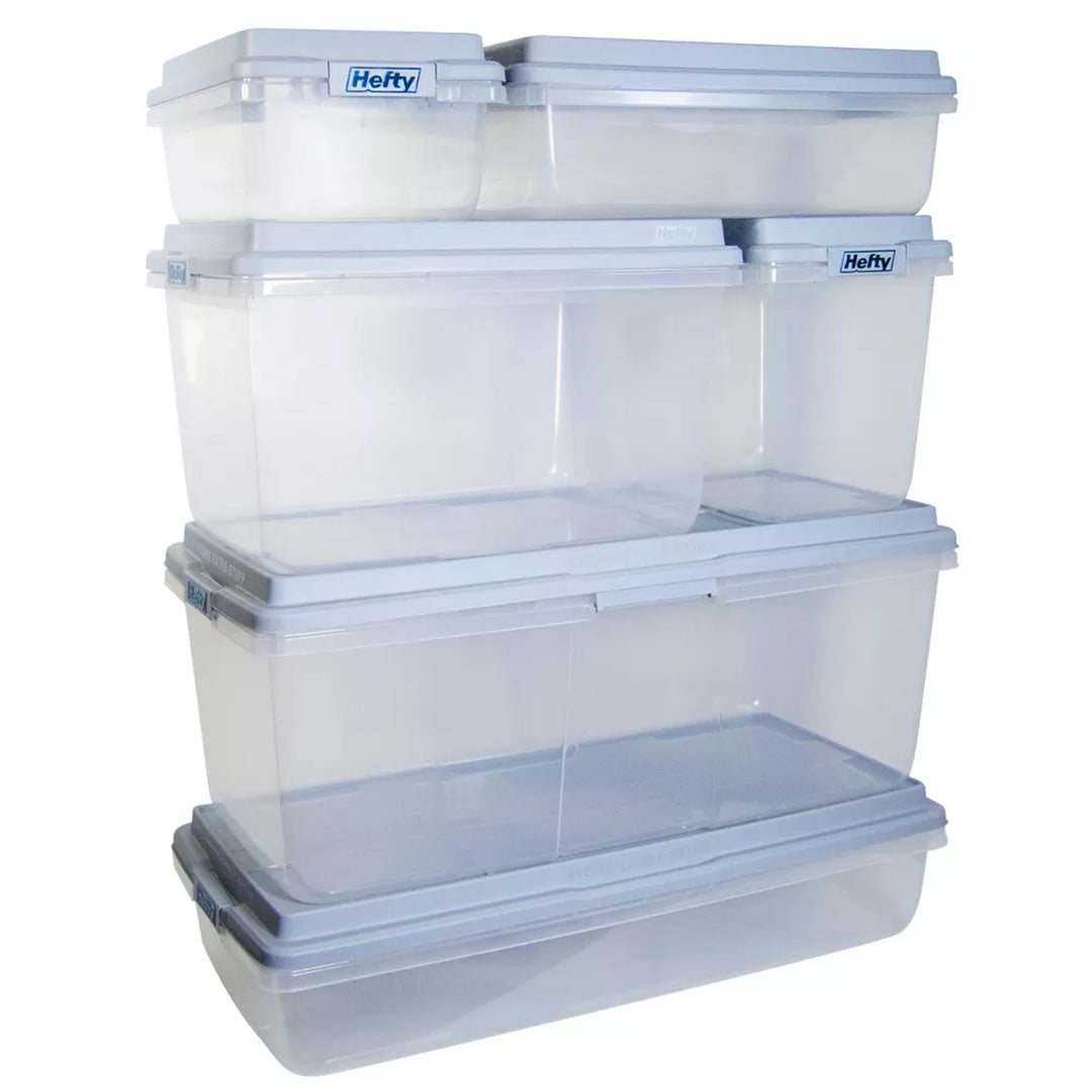 Hefty 6 Pack 32 Quart Hi-Rise Stackable Plastic Storage Bin with Lid, Clear/Gray