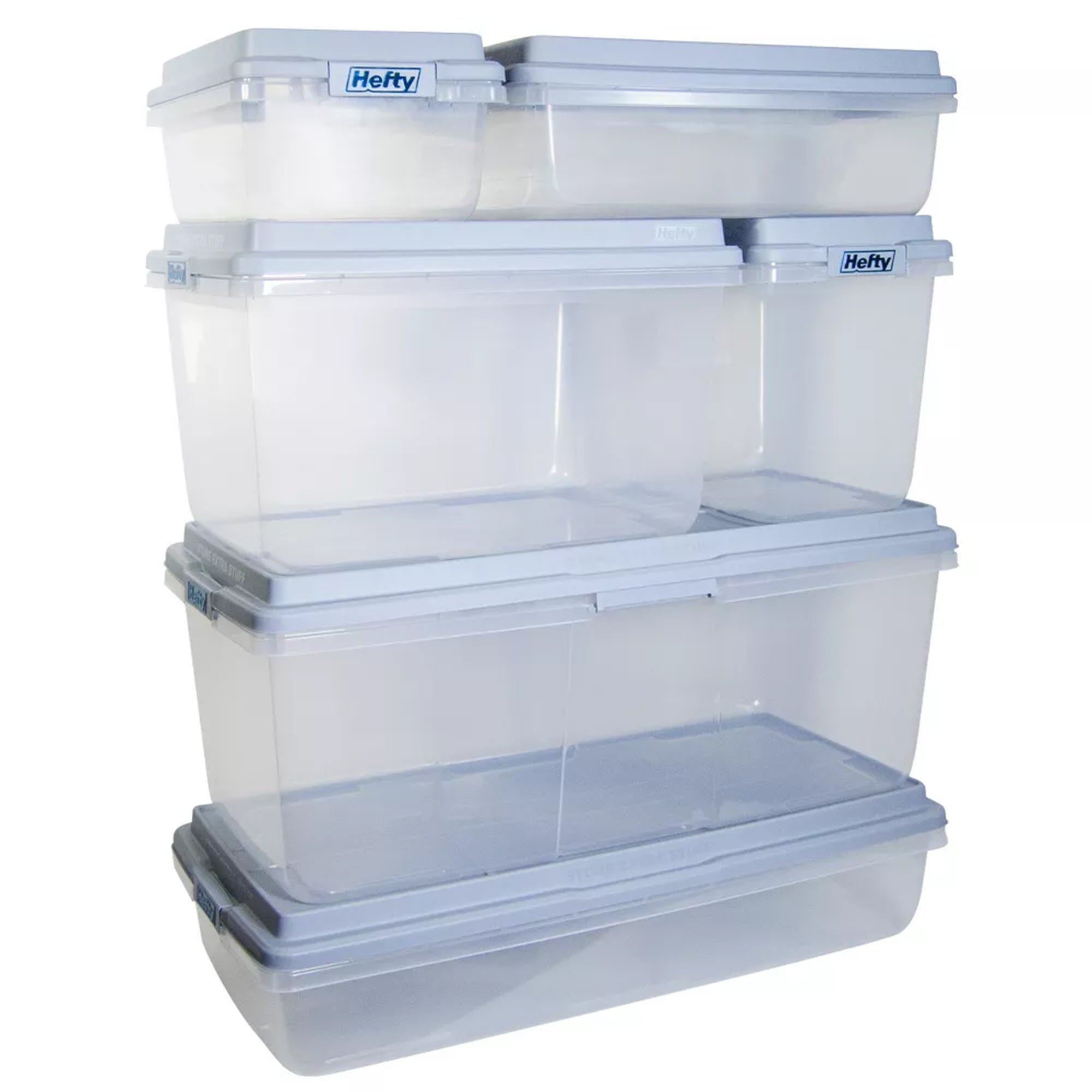 Hefty 6 Pack 32 Quart Hi-Rise Stackable Plastic Storage Bin with Lid, Clear/Gray - VMInnovations