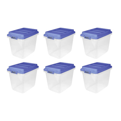 Hefty 6 Pack 32 Quart Hi-Rise Stackable Plastic Storage Bin with Lid, Clear/Blue - VMInnovations