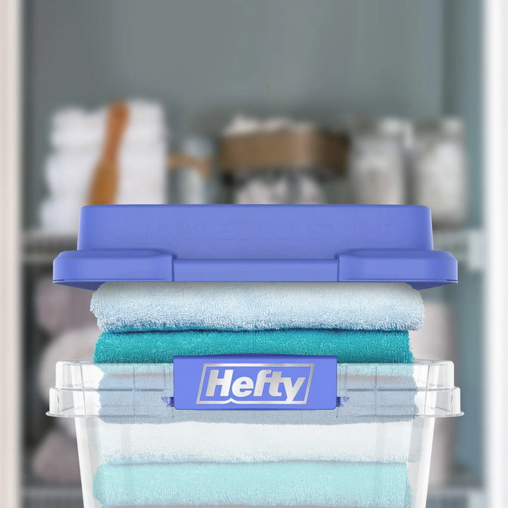 Hefty 6 Pack 32 Quart Hi-Rise Stackable Plastic Storage Bin with Lid, Clear/Blue