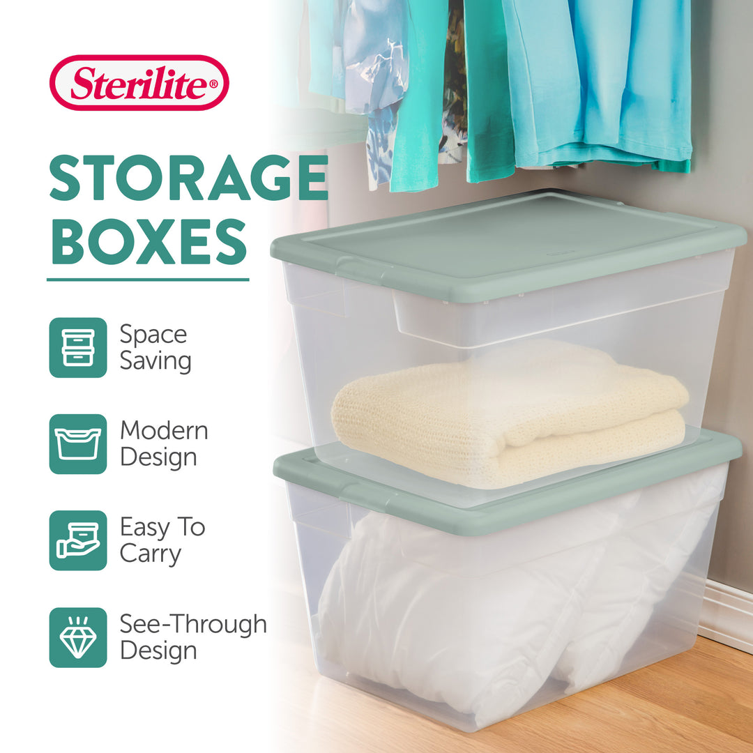 Sterilite 32 Pk Stackable Storage Tote Container, 56Qt, Clear, Mindful Mint Lid