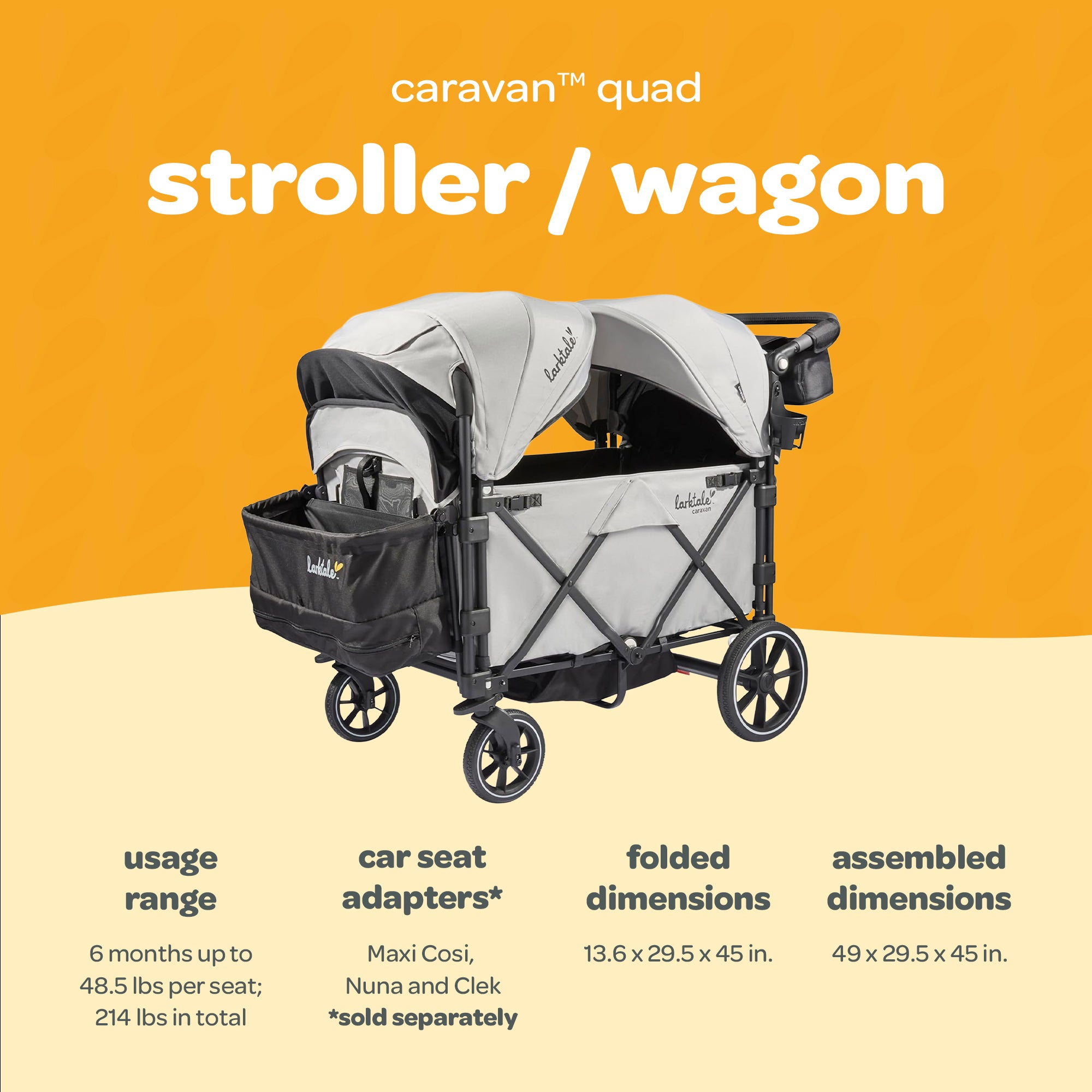 Larktale Caravan Quad Stroller, 4-Seater Wagon, 214 lb Capacity, Avalon Gray - VMInnovations