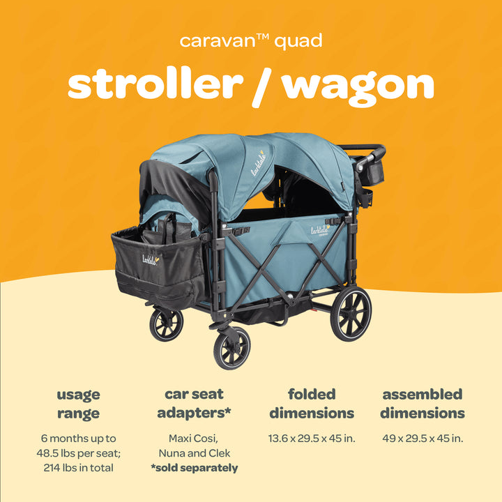 Larktale Caravan Quad Stroller, 4-Seater Wagon, 214 lb Capacity, Seaford Blue