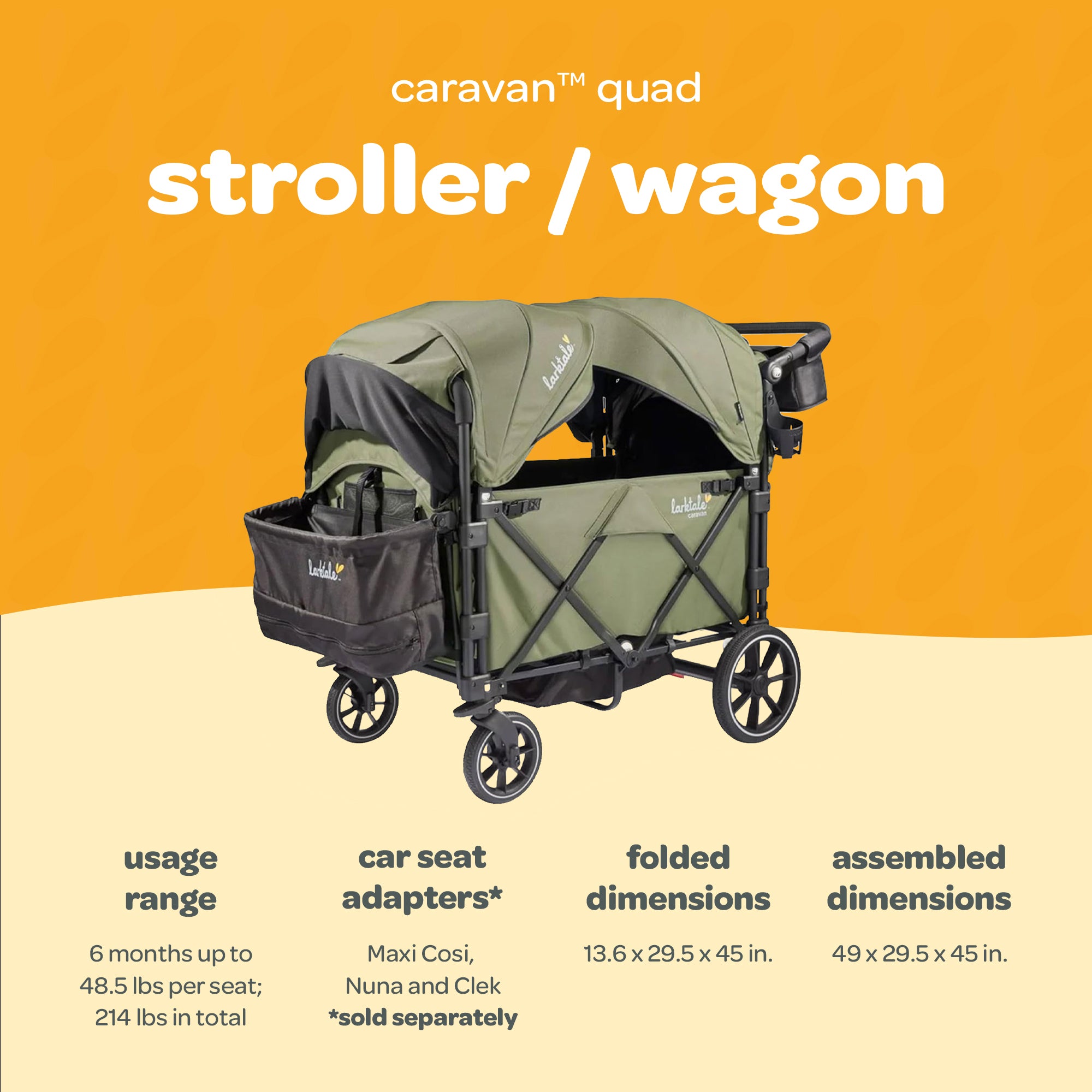 Larktale Caravan Quad Stroller, 4-Seater Wagon, 214 lb Capacity Green (Open Box) - VMInnovations