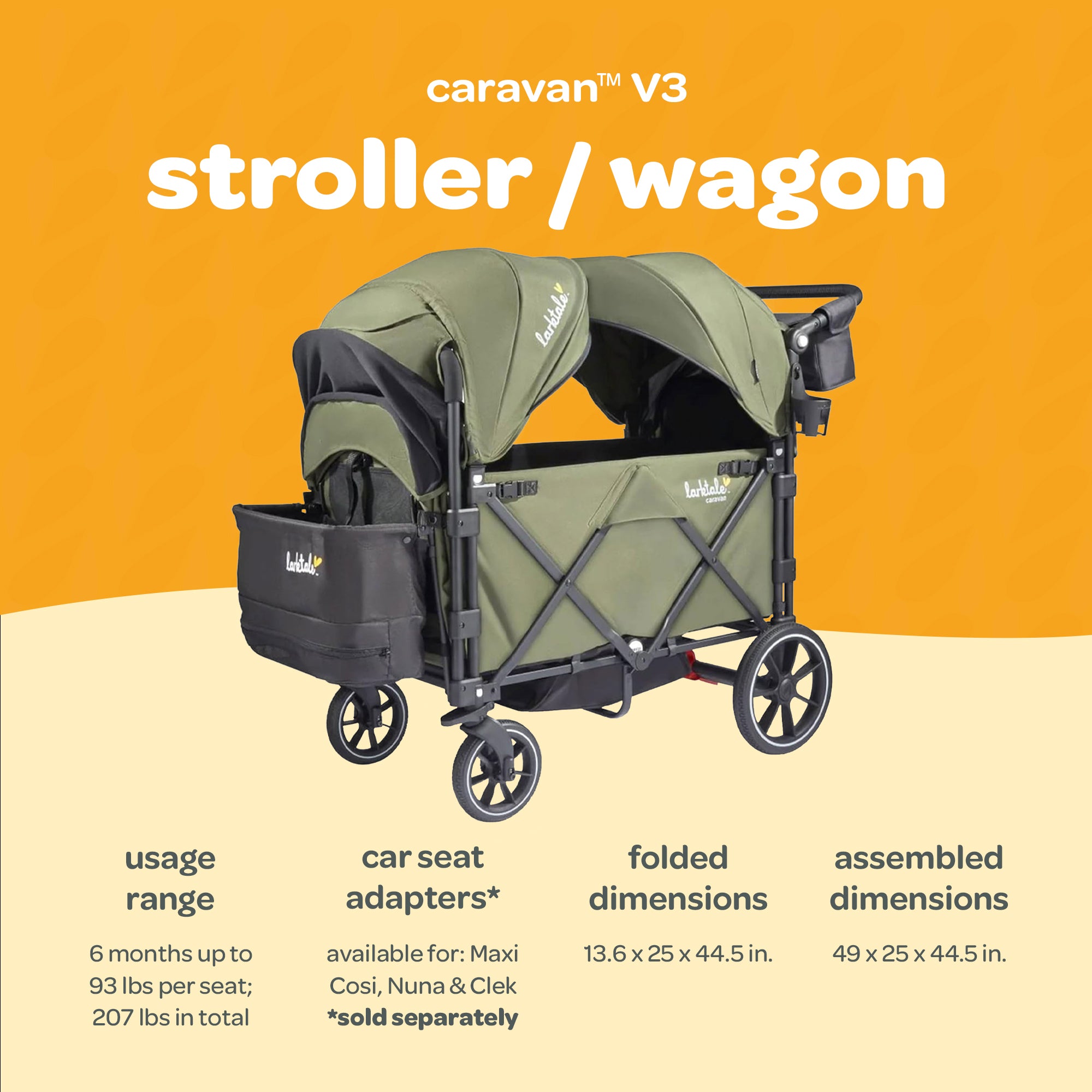 Larktale Caravan V3 Stroller, 2-Seater Kids Wagon, 207lb Capacity, Chelsea Green - VMInnovations