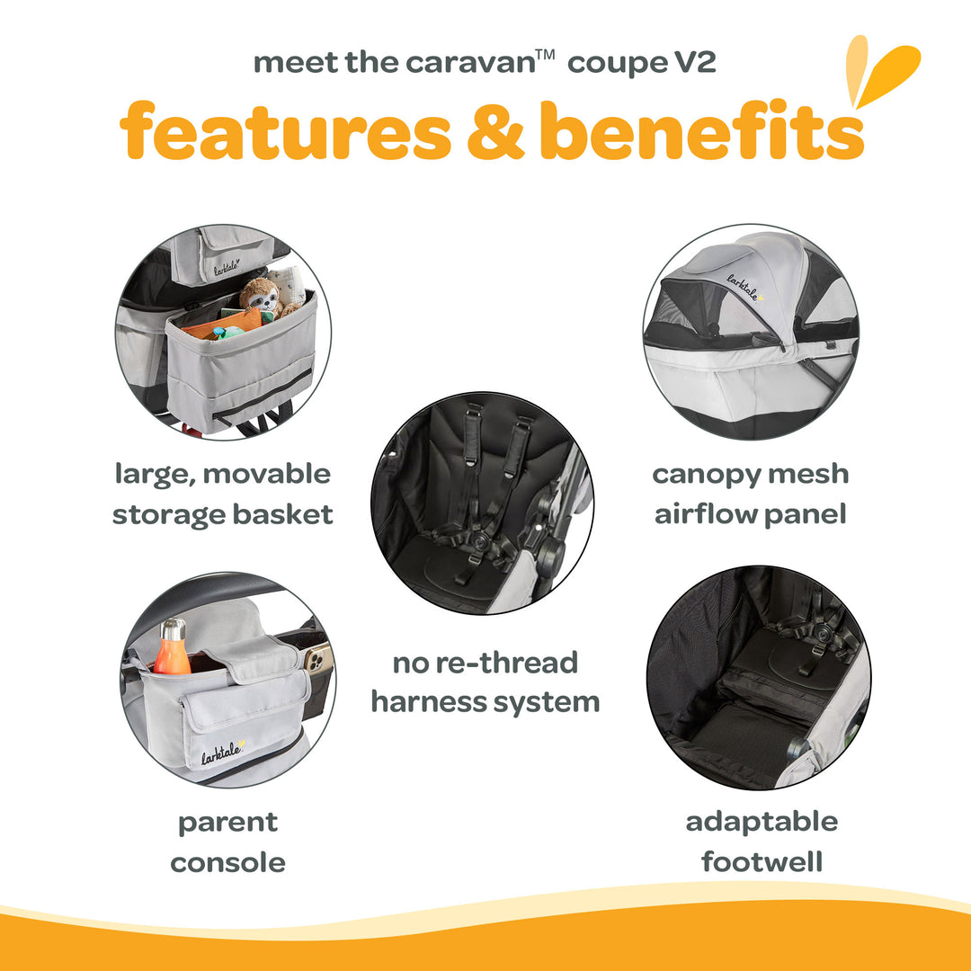 Larktale Caravan Coupe V2 Compact Stroller, Reclining 2-Seat Wagon, Gray/Black