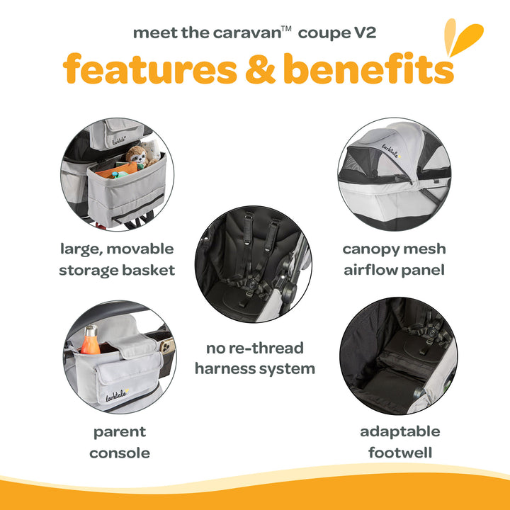 Larktale Caravan Coupe V2 Compact Stroller, Reclining 2-Seat Wagon, Gray/Black
