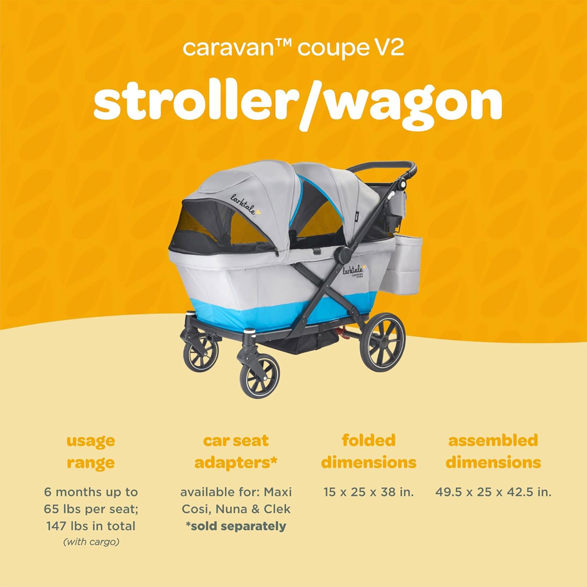 Larktale Coupe V2 Compact Stroller, Reclining 2-Seat Wagon, Gray/Bue (Open Box) - VMInnovations
