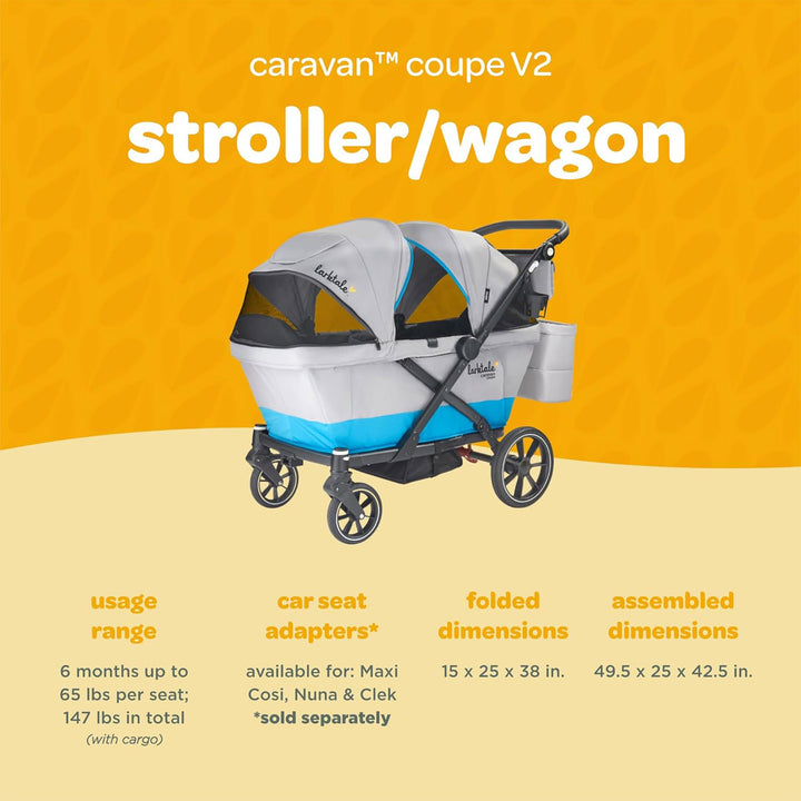 Larktale Coupe V2 Compact Stroller, Reclining 2-Seat Wagon, Gray/Bue (Open Box)
