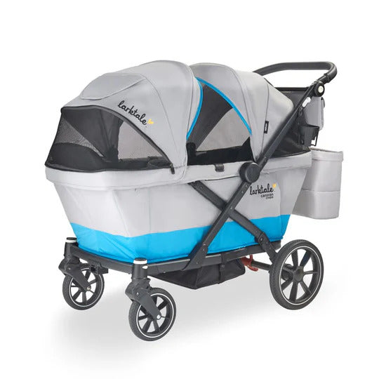 Larktale Caravan Coupe V2 Compact Stroller, Reclining 2-Seat Wagon, Gray/Bue