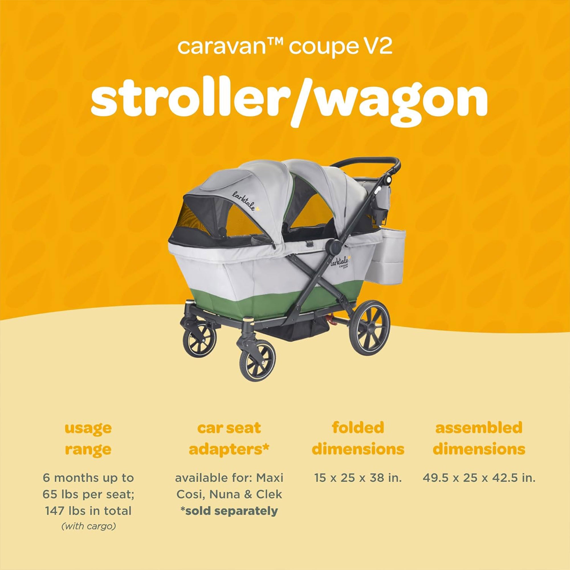 Larktale Caravan Coupe V2 Compact Stroller, Reclining 2-Seat Wagon, Gray/Green - VMInnovations