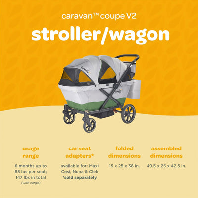Larktale Caravan Coupe V2 Compact Stroller, Reclining 2-Seat Wagon, Gray/Green - VMInnovations