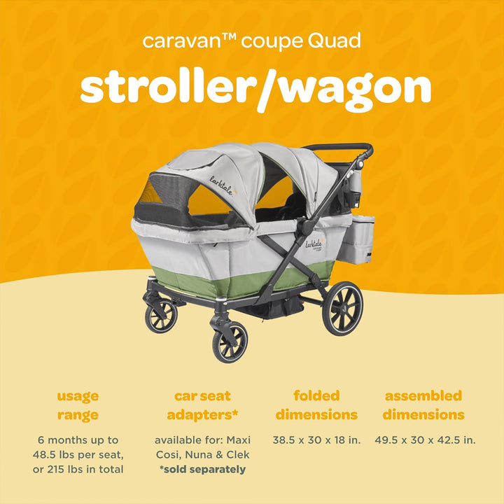 Larktale Coupe Quad Compact Stroller Reclining 4-Seat Wagon, Gray/Green (Used)
